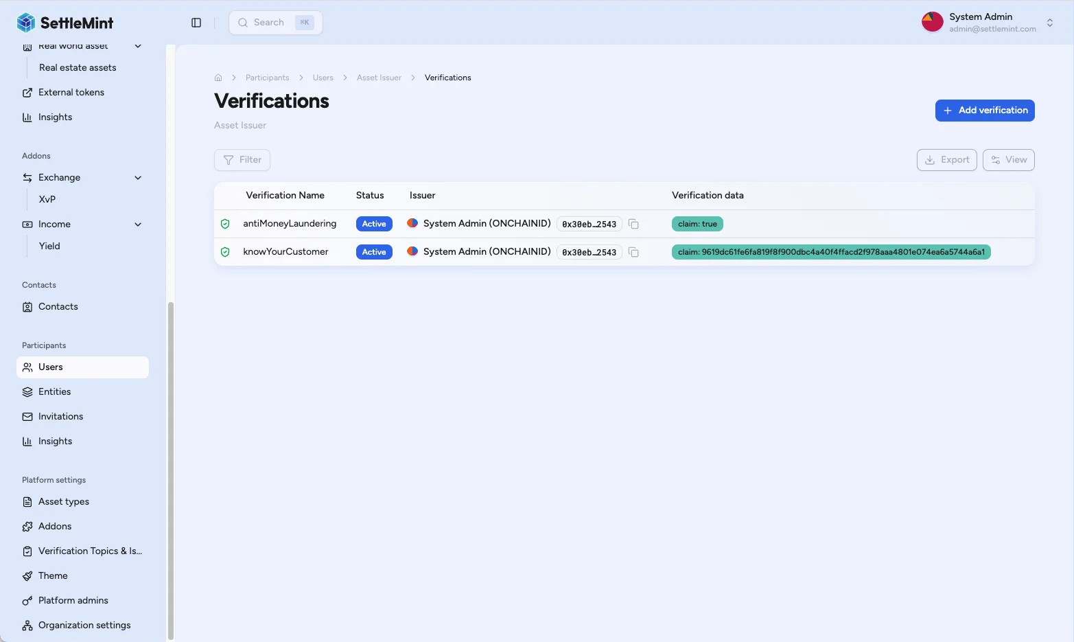 Manage verifications view