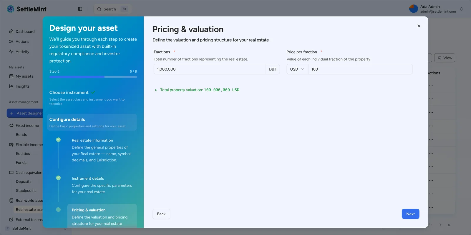 Pricing configuration captures base price, total valuation, and fee structures.