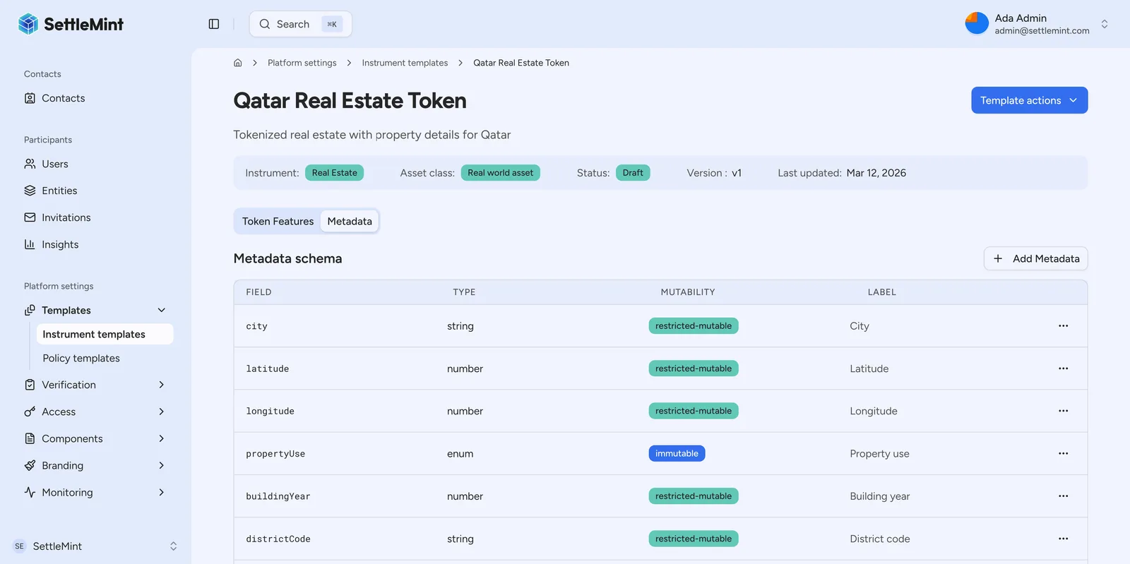Custom instrument metadata schema for asset-specific fields