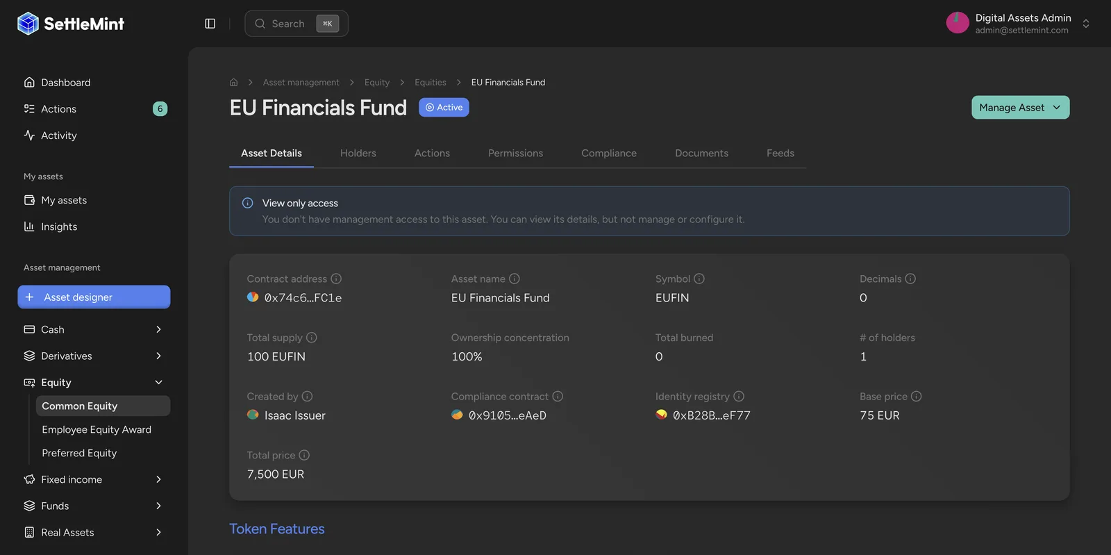 Equity token with on-chain governance parameters